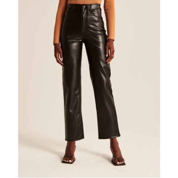 Abercrombie & Fitch Vegan Leather Ankle Straight Pants Black High Rise 14 Short - Picture 1 of 6